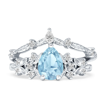 Two Piece Pear Teardrop Bridal Ring Aquamarine CZ 925 Sterling Silver Wholesale